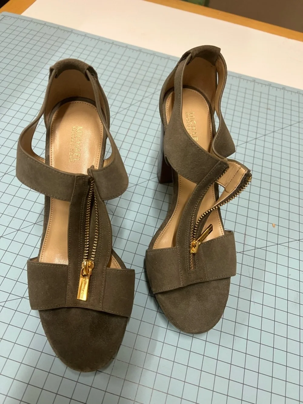 Michael Kors Olive Green Suede Zip-Front Block Heel Sandals - Picture 6 of 6